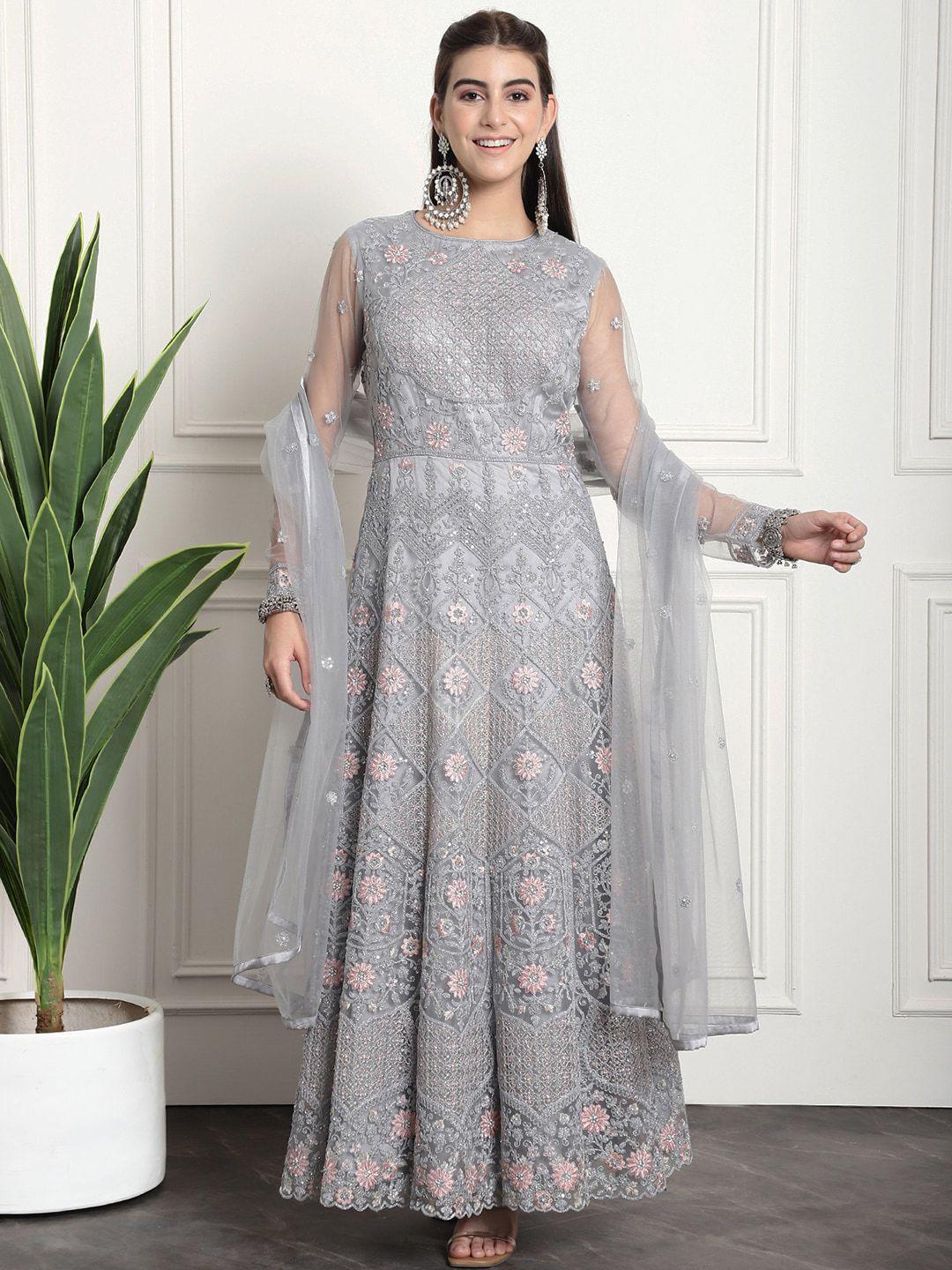 stylee lifestyle floral embroidered semi-stitched dress material