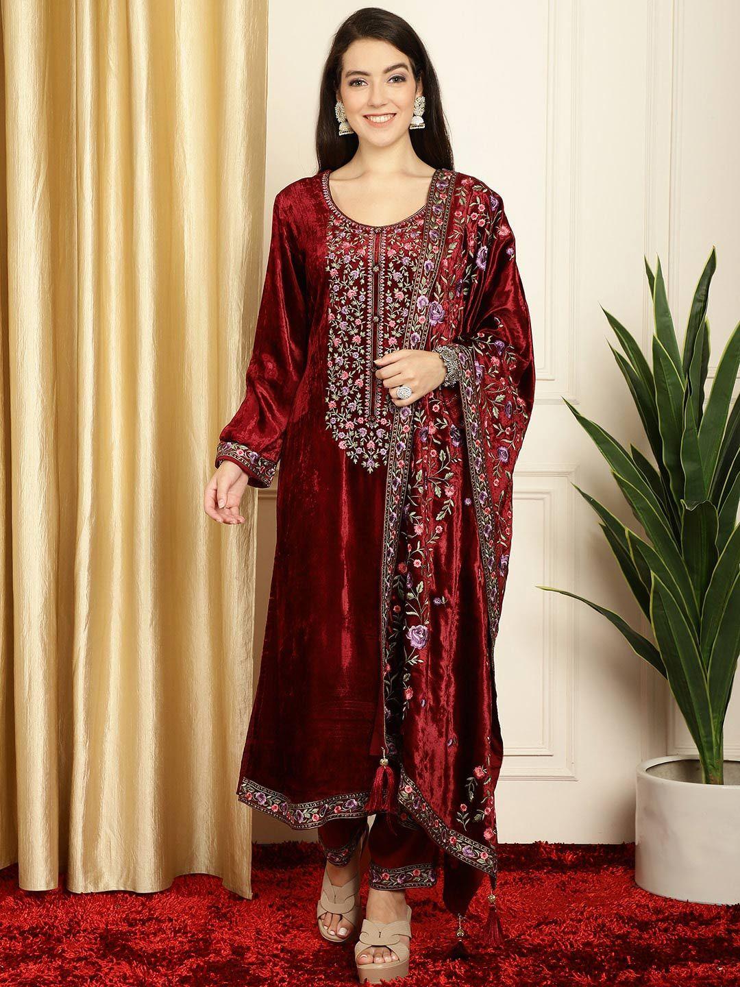 stylee lifestyle floral embroidered velvet unstitched dress material