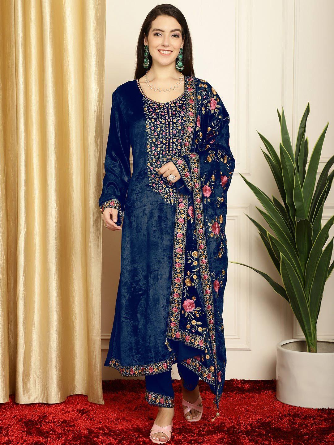 stylee lifestyle floral embroidered velvet unstitched dress material