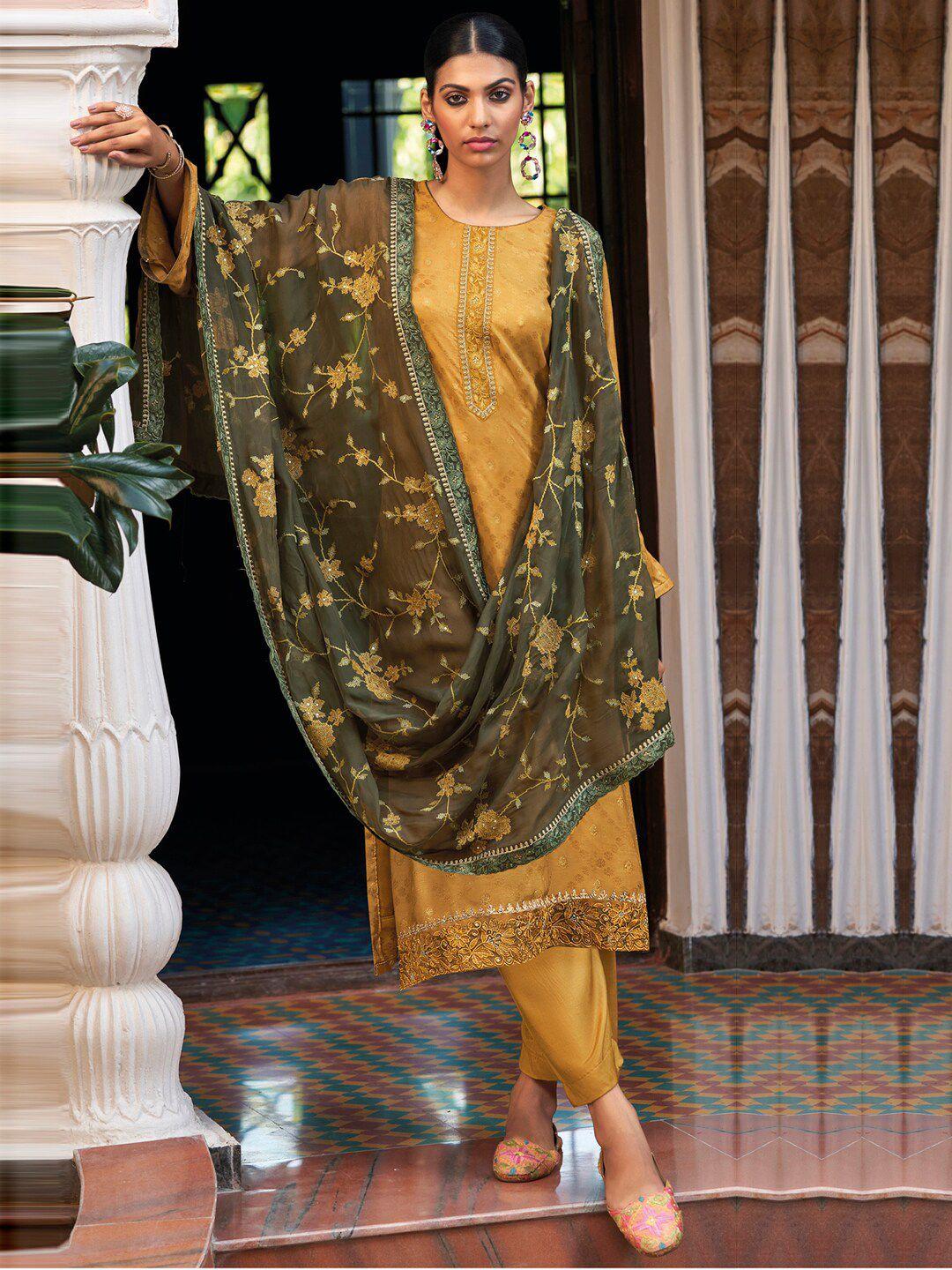 stylee lifestyle gold-toned & green embroidered art silk unstitched dress material