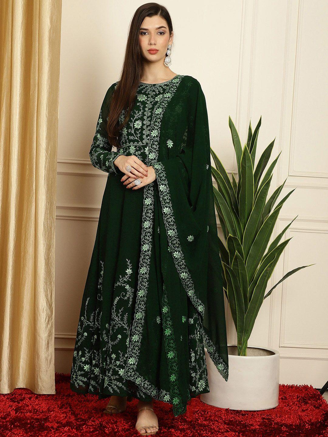 stylee lifestyle green & black embroidered silk georgette semi-stitched dress material