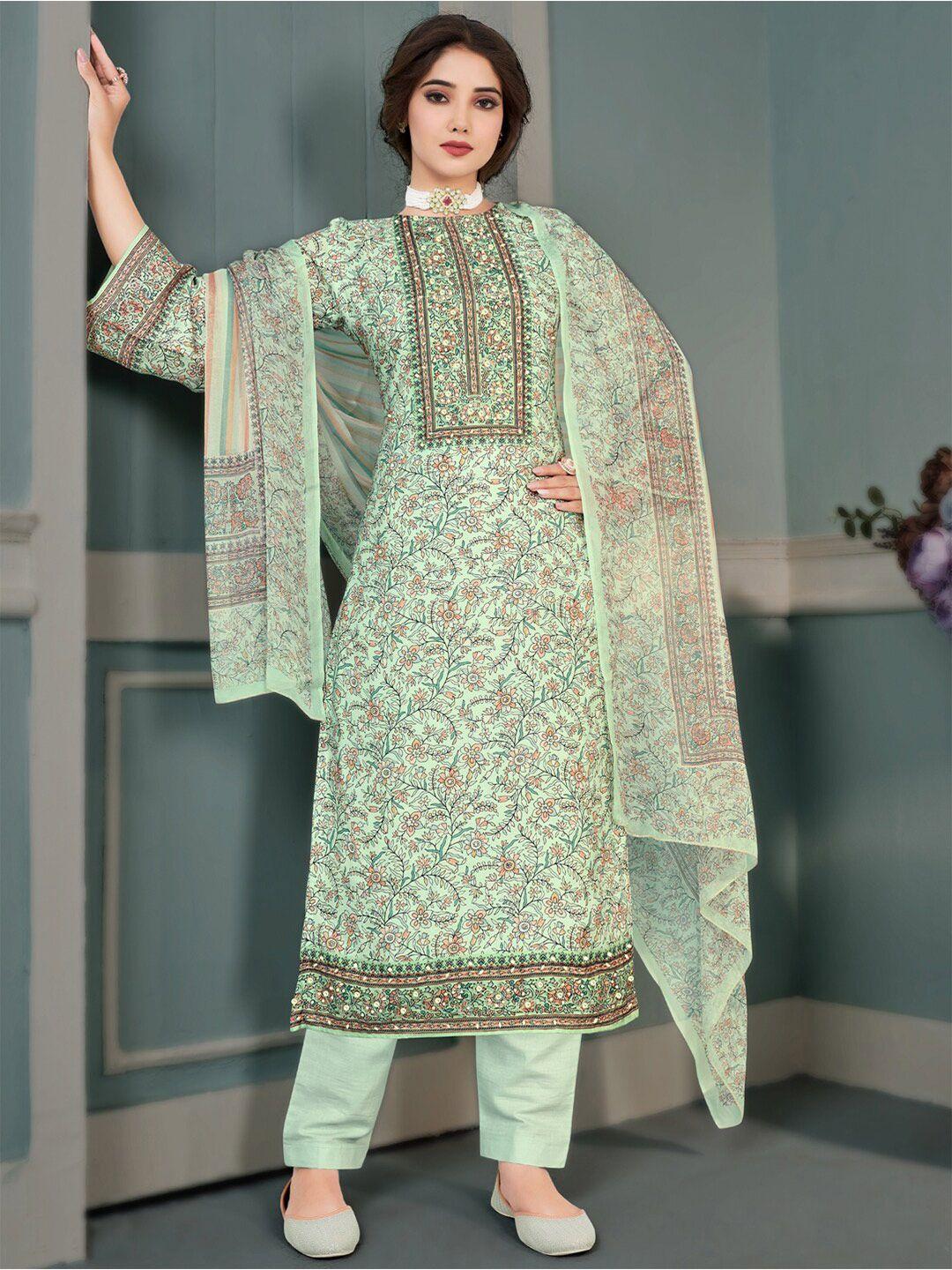 stylee lifestyle green & pink embroidered pure silk unstitched dress material