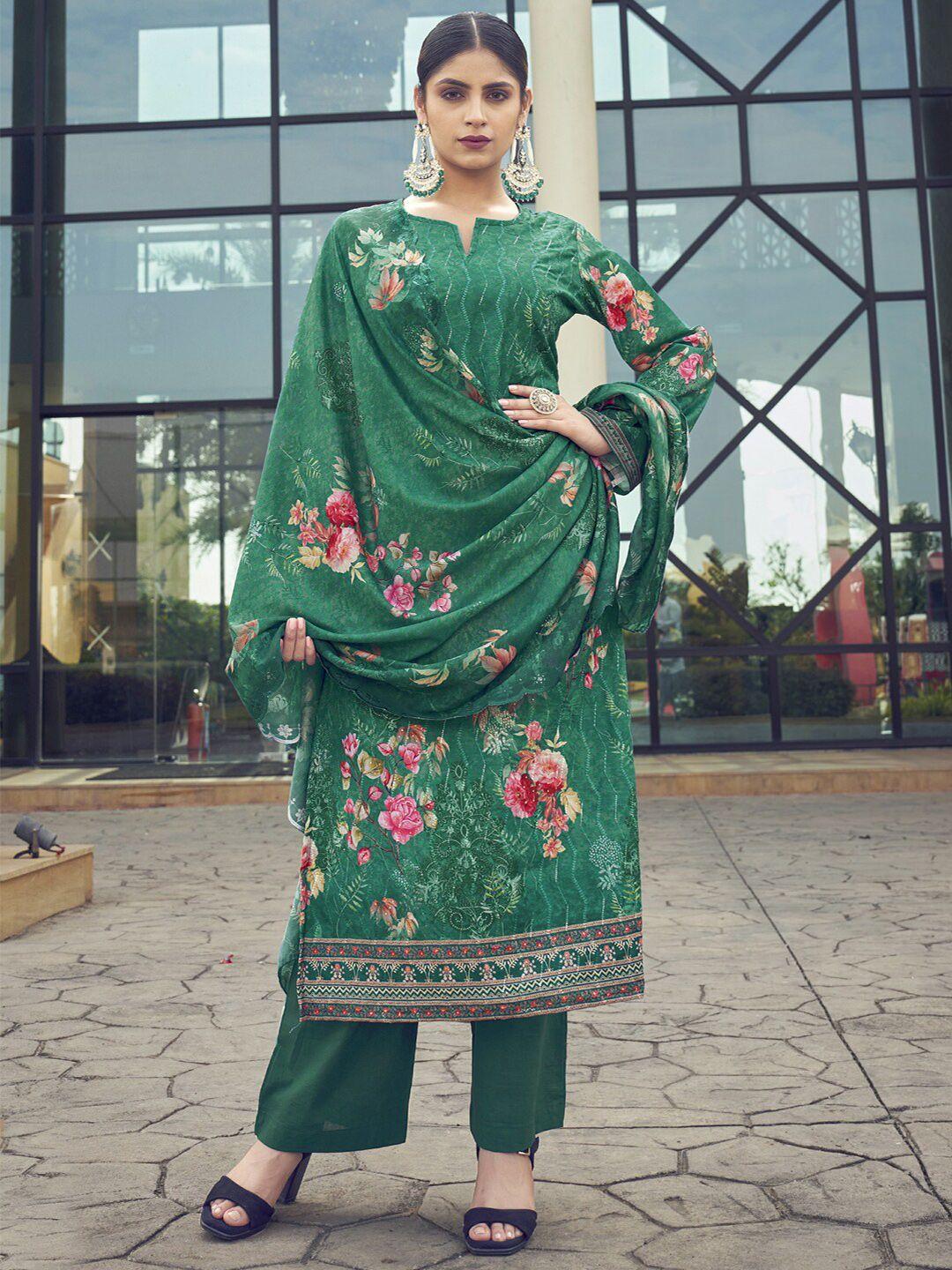 stylee lifestyle green & pink embroidered pure silk unstitched dress material