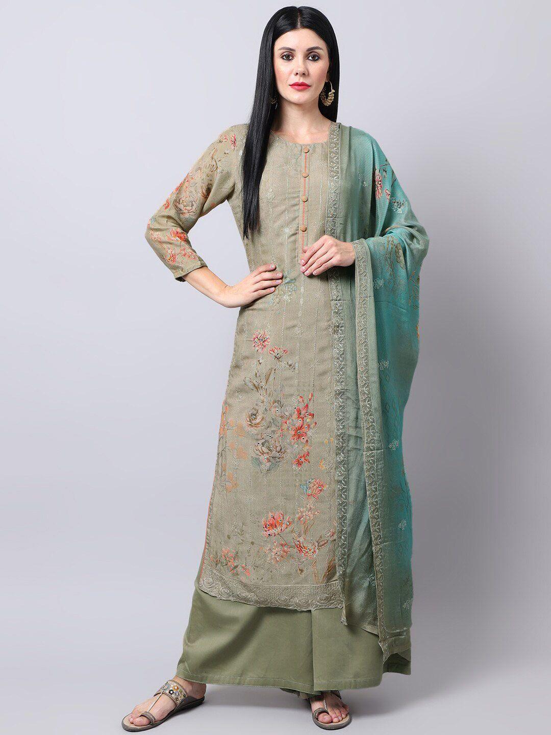 stylee lifestyle green & red embroidered pure silk unstitched dress material