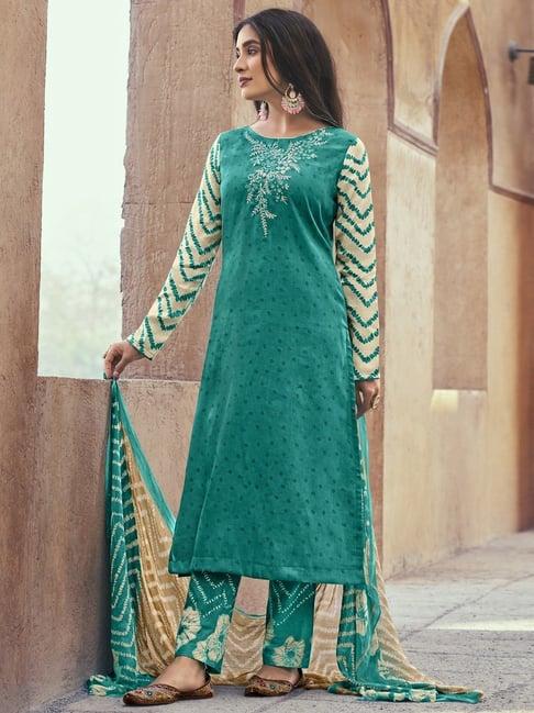 stylee lifestyle green cotton embroidered unstitched dress material