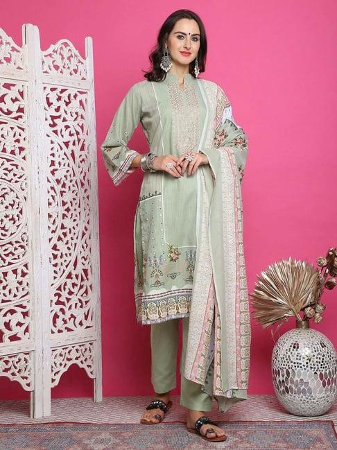 stylee lifestyle green cotton embroidered unstitched dress material