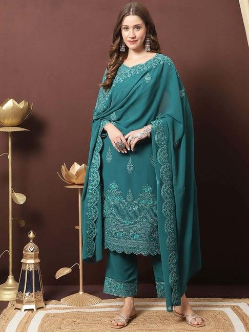 stylee lifestyle green embroidered unstitched dress material