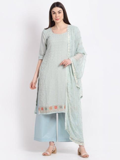 stylee lifestyle green embroidered unstitched dress material