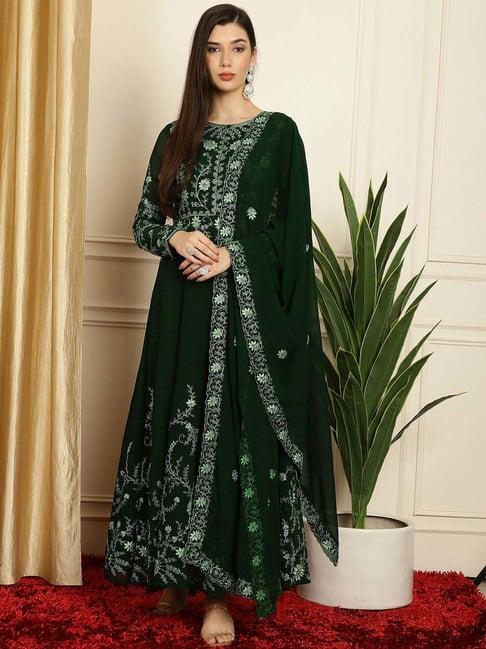 stylee lifestyle green embroidered unstitched dress material