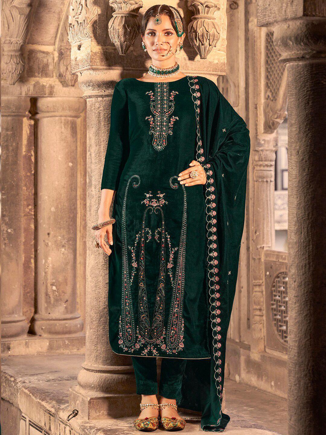 stylee lifestyle green embroidered velvet unstitched dress material