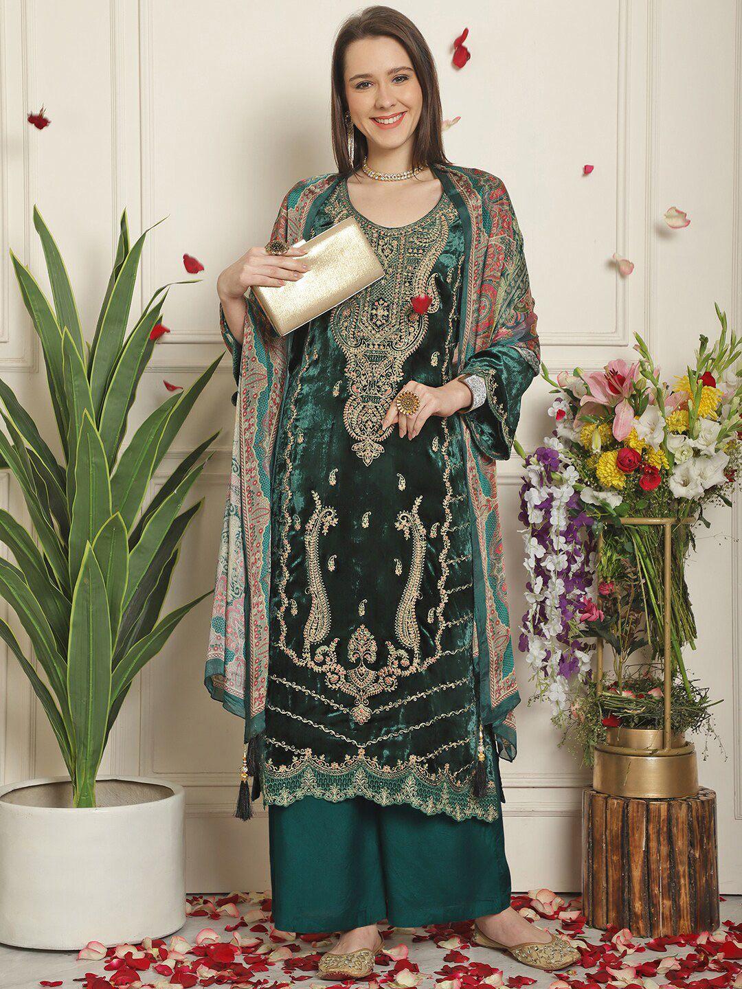 stylee lifestyle green embroidered velvet unstitched dress material