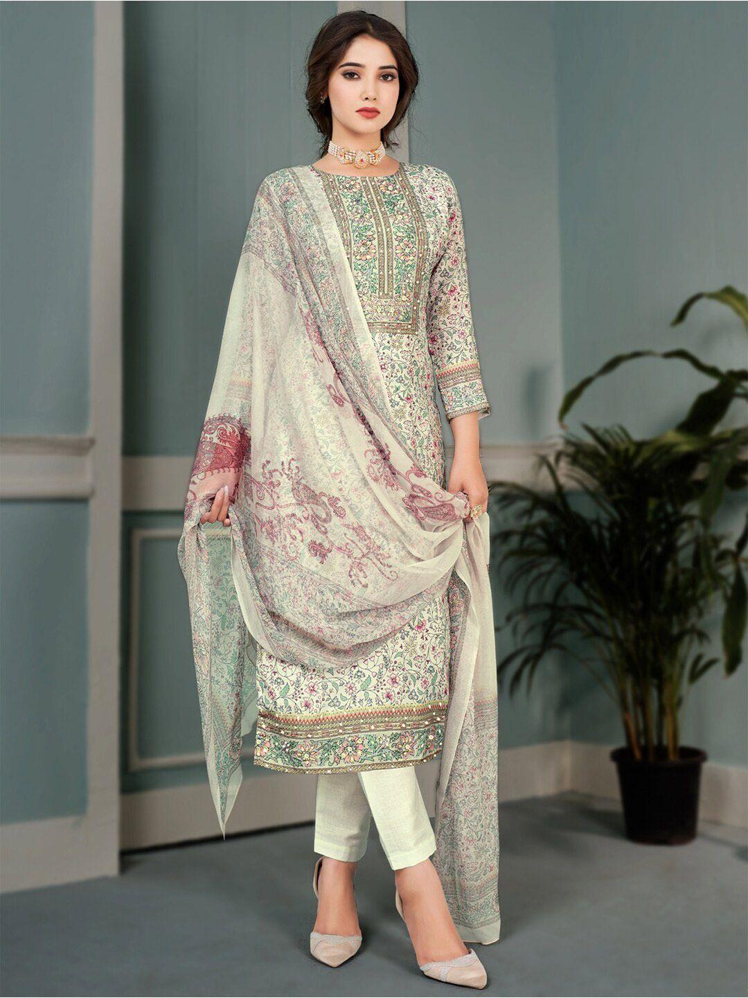 stylee lifestyle grey & green embroidered pure silk unstitched dress material