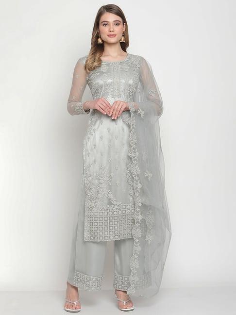 stylee lifestyle grey embroidered unstitched dress material