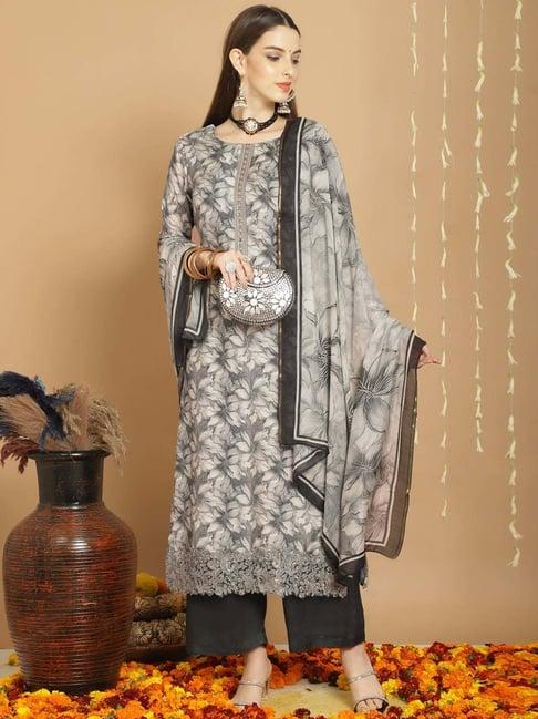 stylee lifestyle grey floral print unstitched dress material