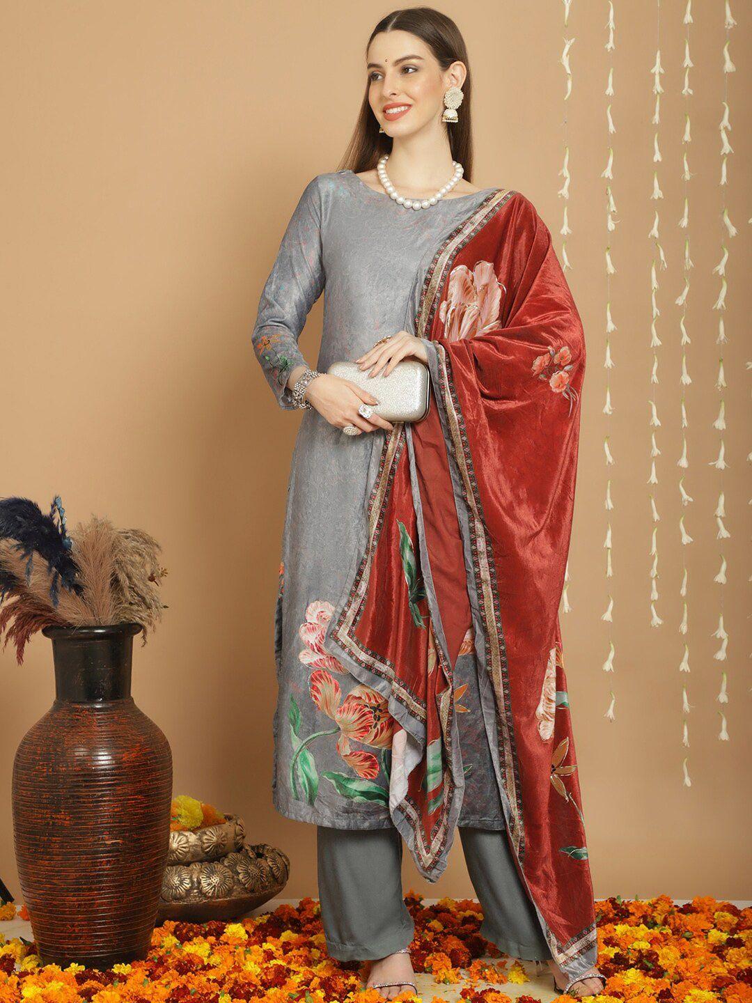 stylee lifestyle grey printed velvet unstitched dress material