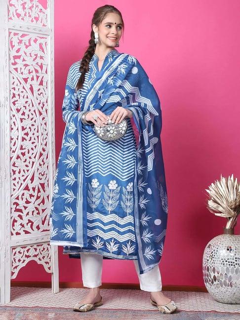 stylee lifestyle indigo blue cotton printed unstitched dress material