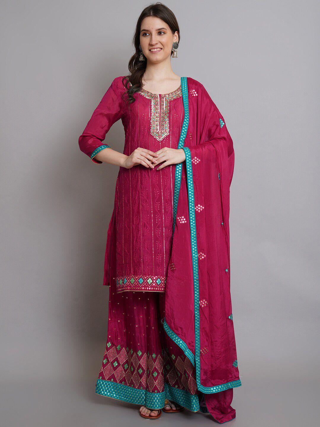 stylee lifestyle magenta & blue silk chiffon unstitched dress material