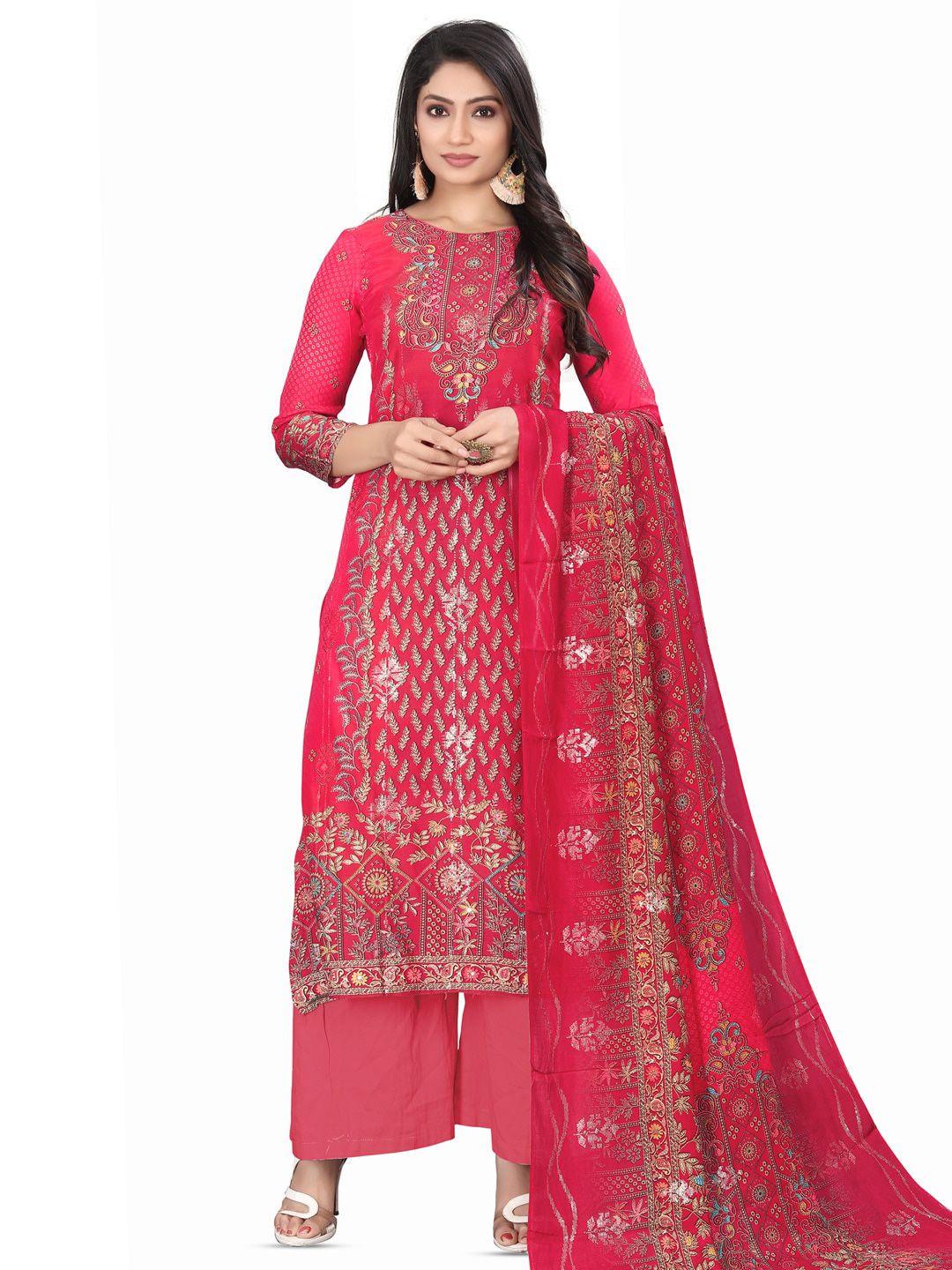 stylee lifestyle magenta & gold-toned printed pure silk unstitched dress material