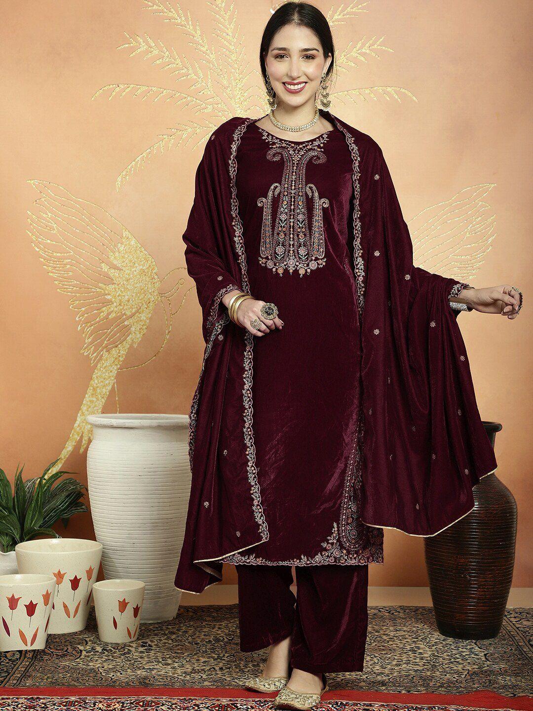 stylee lifestyle maroon & blue embroidered velvet unstitched dress material
