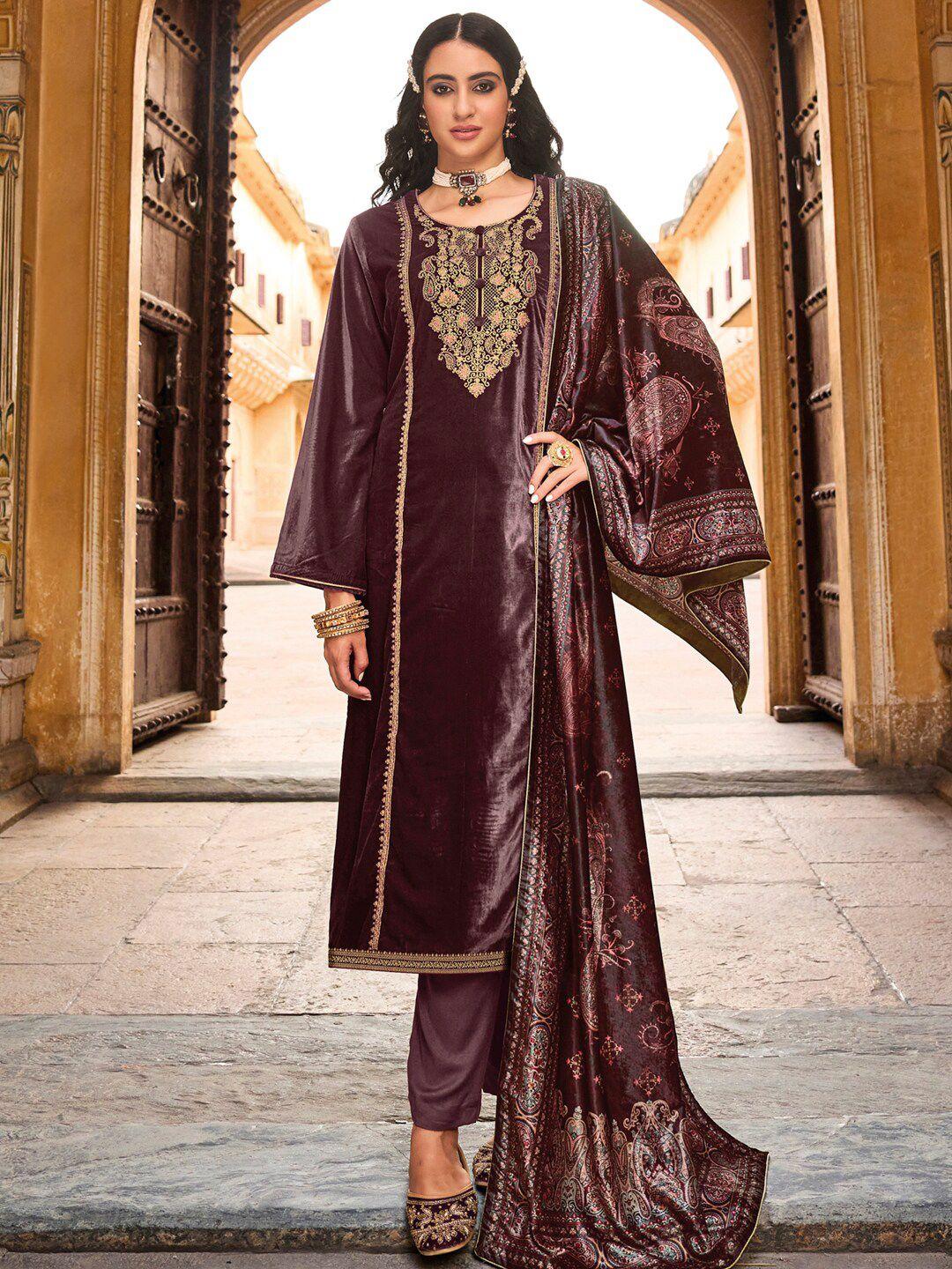 stylee lifestyle maroon & gold-toned embroidered velvet unstitched dress material