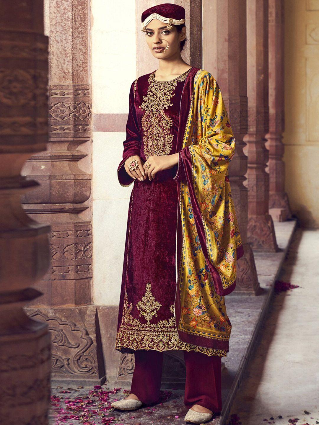 stylee lifestyle maroon & yellow embroidered velvet unstitched dress material