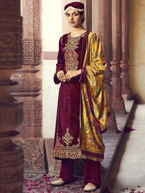 stylee lifestyle maroon embroidered unstitched dress material