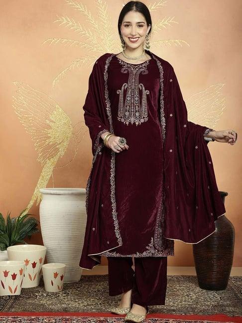 stylee lifestyle maroon embroidered unstitched dress material