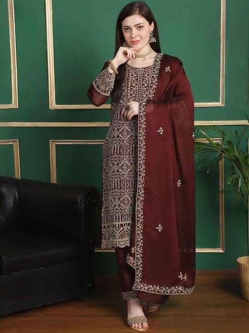 stylee lifestyle maroon embroidered unstitched dress material