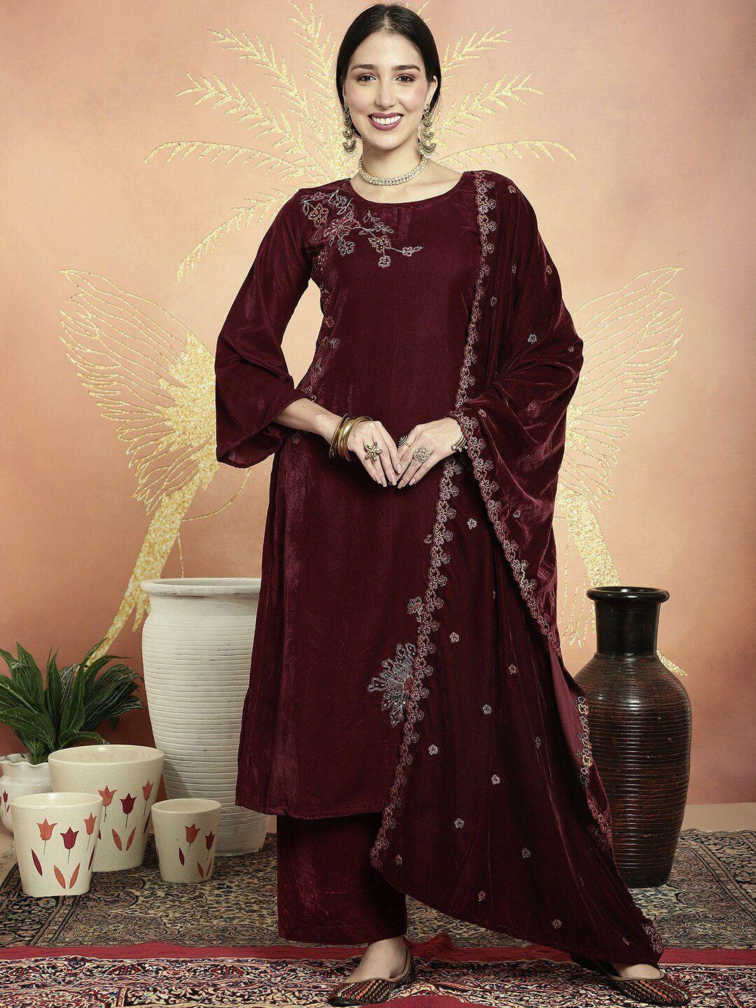 stylee lifestyle maroon embroidered velvet unstitched dress material