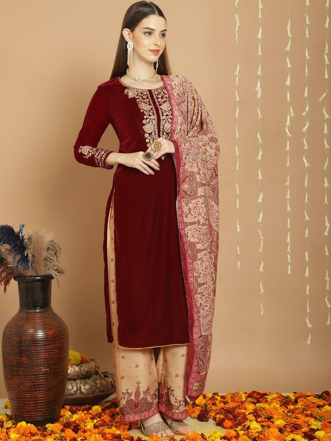 stylee lifestyle maroon embroidered velvet unstitched dress material