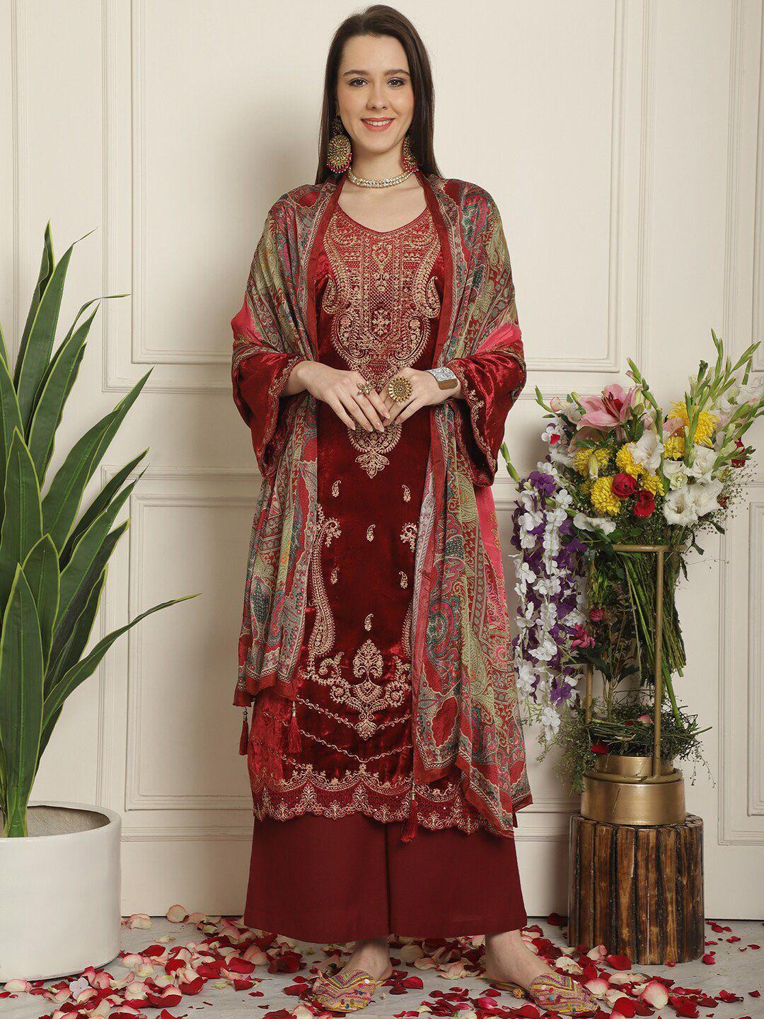 stylee lifestyle maroon embroidered velvet unstitched dress material