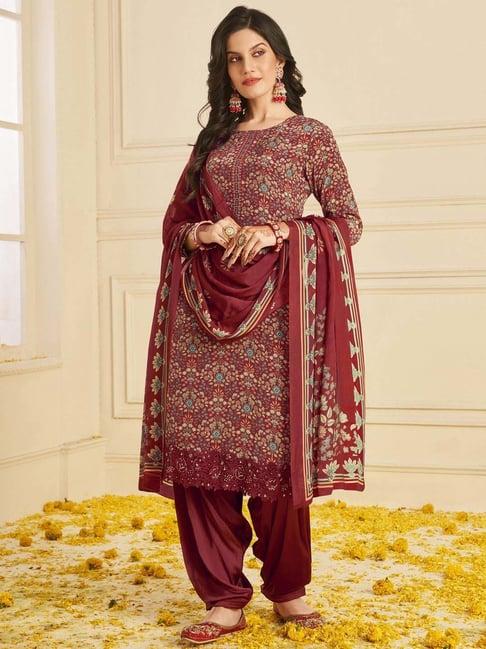 stylee lifestyle maroon printed unstitched dress material