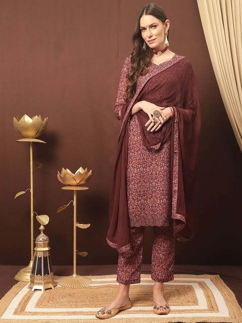 stylee lifestyle maroon printed unstitched dress material