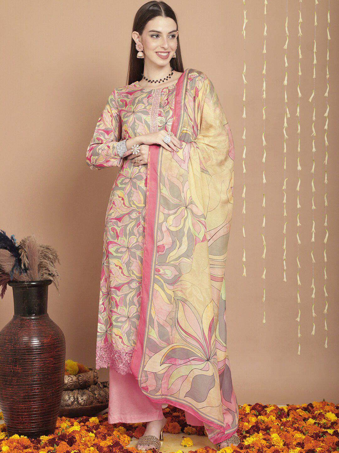 stylee lifestyle multicoloured printed pure silk unstitched dress material