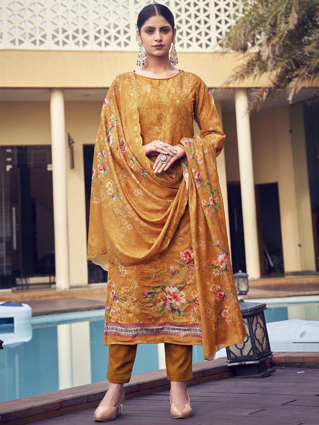 stylee lifestyle mustard & pink embroidered pure silk unstitched dress material