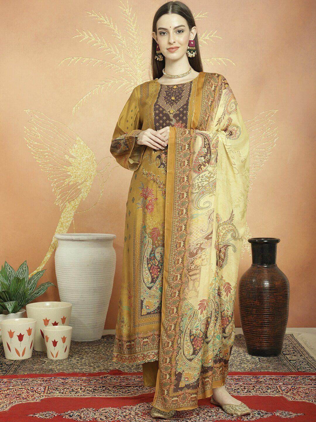 stylee lifestyle mustard printed pure silk unstitched dress material
