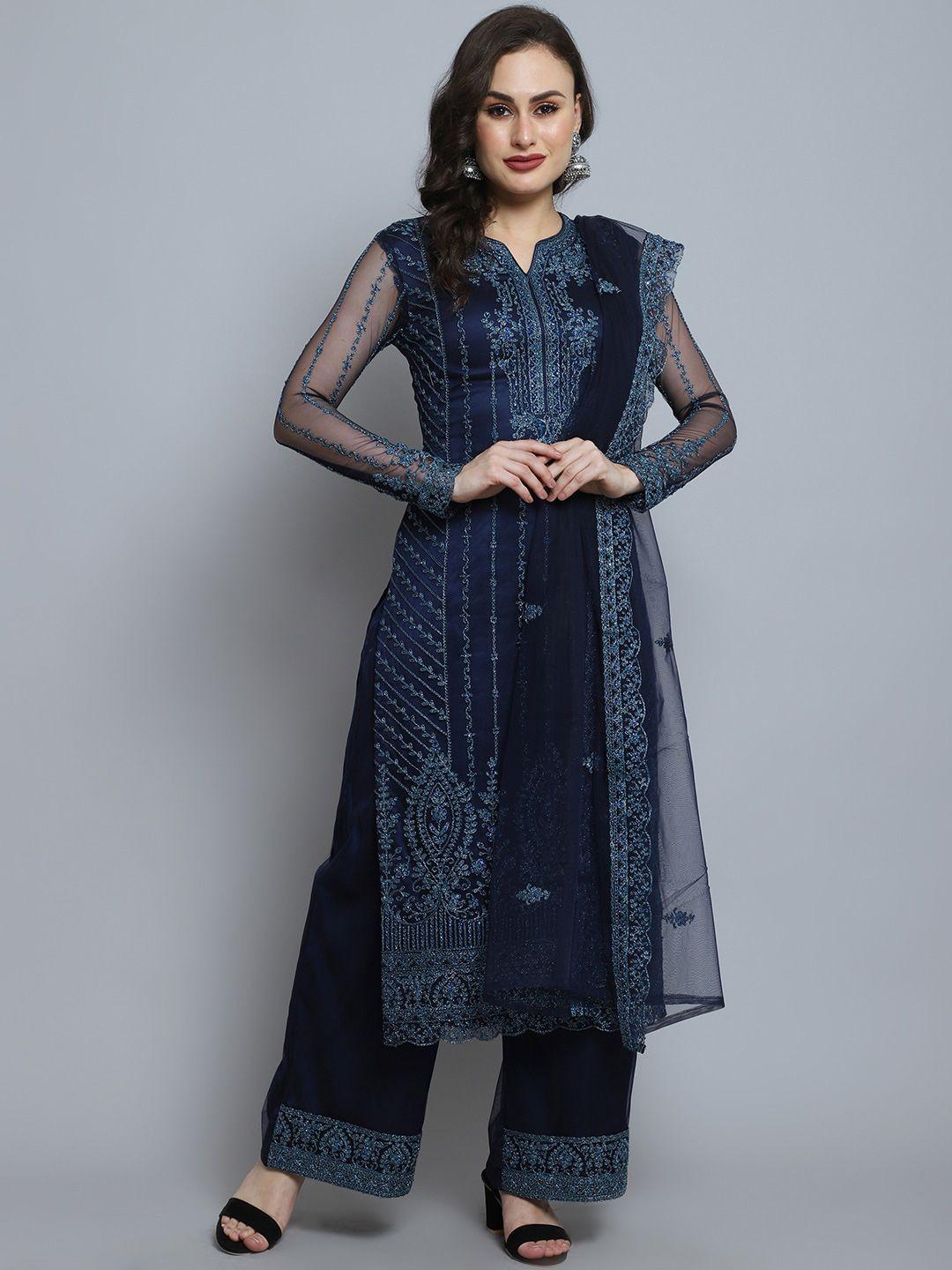 stylee lifestyle navy blue embroidered unstitched dress material