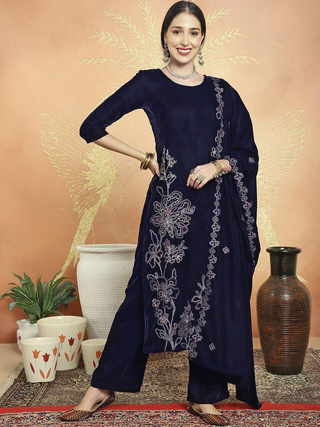 stylee lifestyle navy blue embroidered velvet unstitched dress material