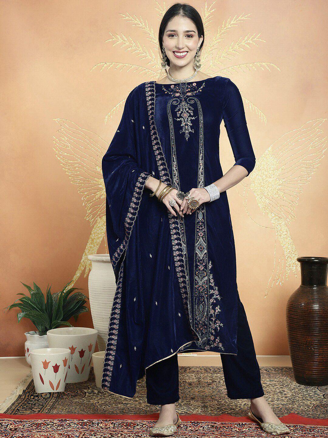 stylee lifestyle navy blue embroidered velvet unstitched dress material