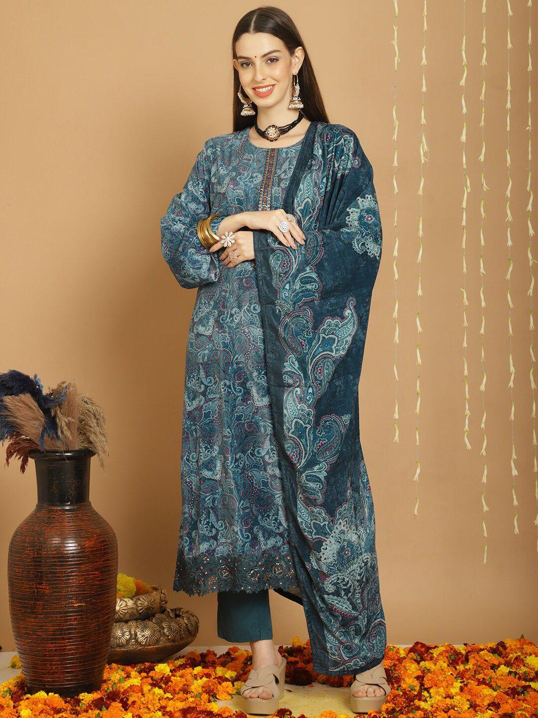 stylee lifestyle navy blue printed velvet unstitched dress material