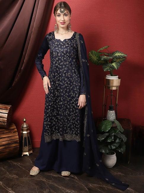 stylee lifestyle navy embroidered unstitched dress material