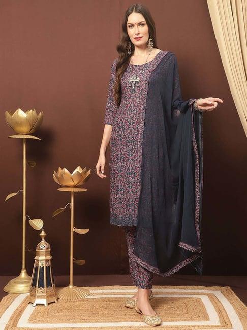 stylee lifestyle navy printed unstitched dress material