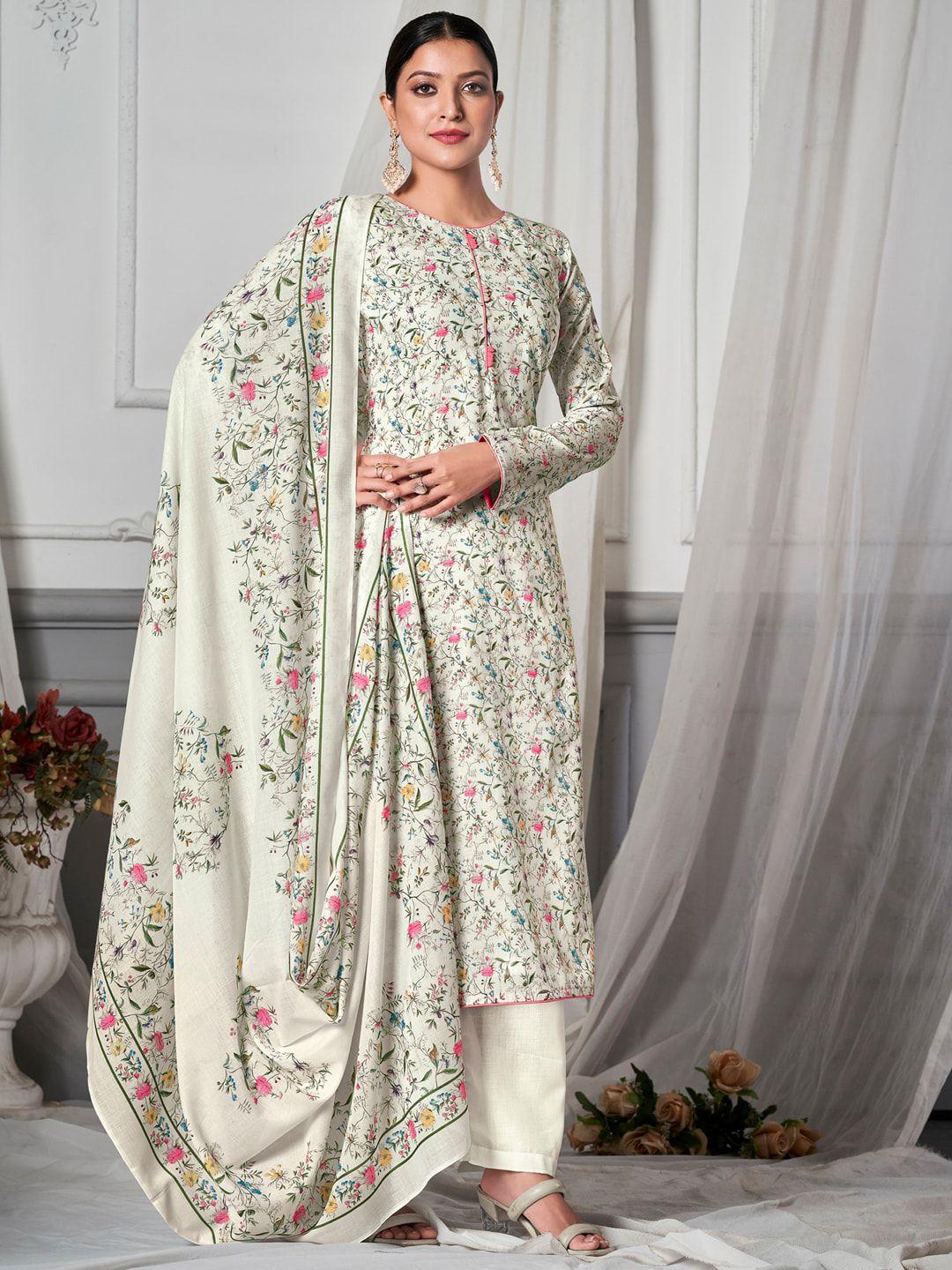 stylee lifestyle off white & green printed pure cotton unstitched dress material