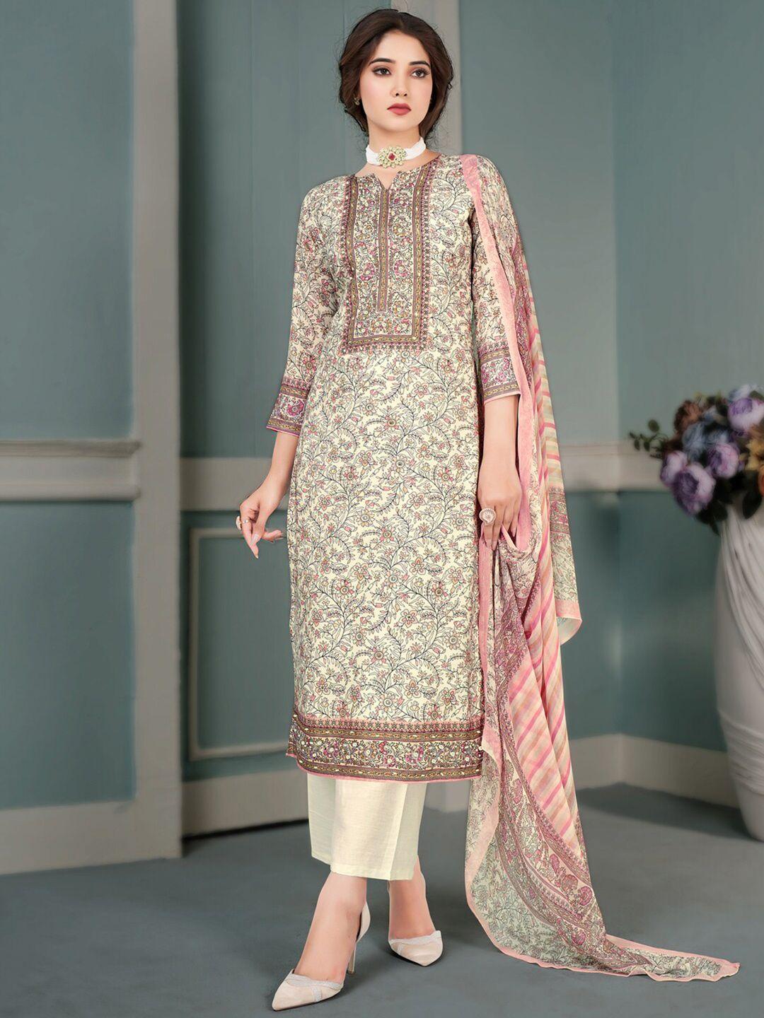 stylee lifestyle off white & peach-coloured embroidered pure silk unstitched dress material