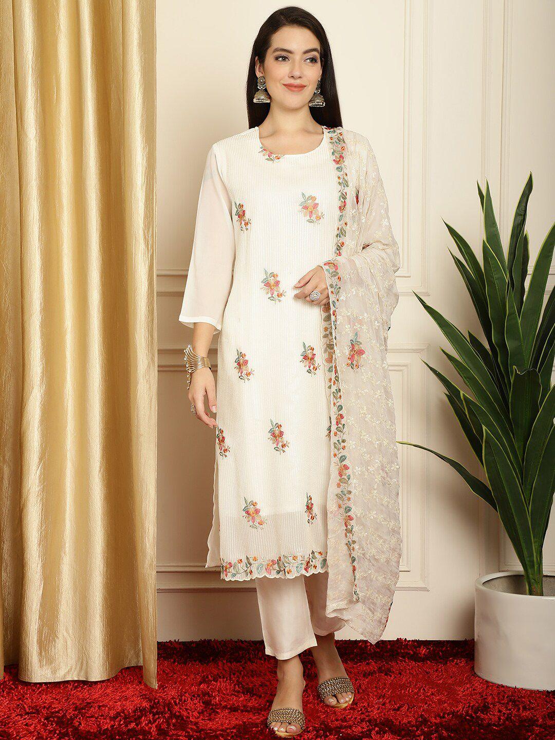 stylee lifestyle off white & red embroidered silk georgette unstitched dress material