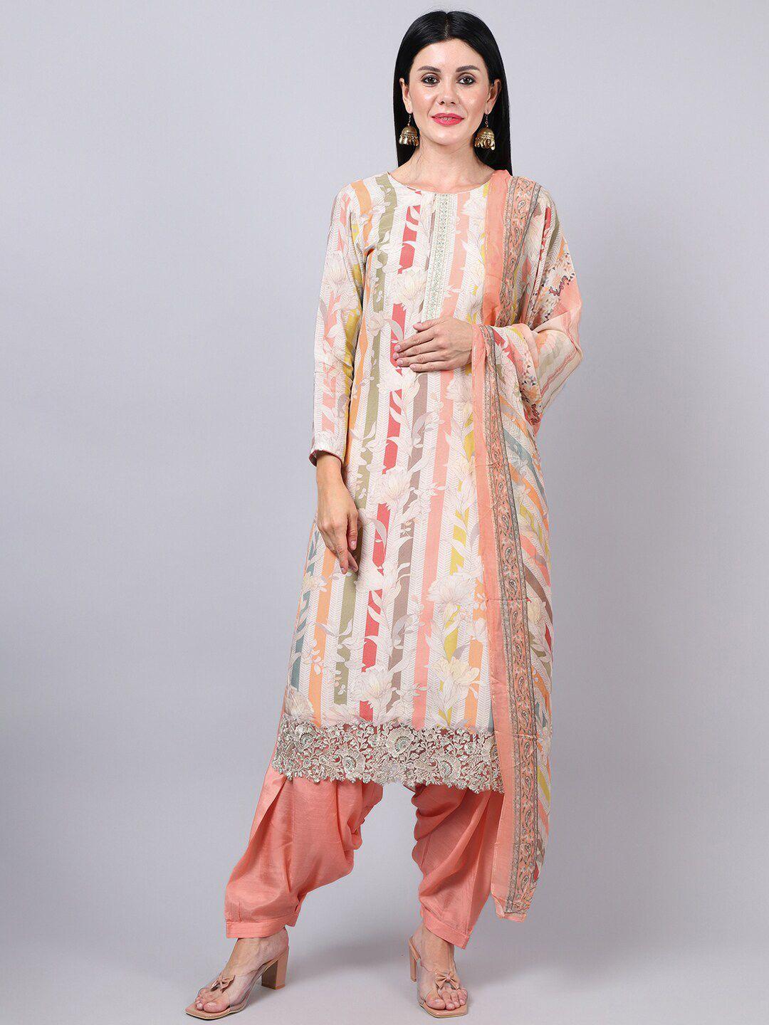 stylee lifestyle off white & yellow embroidered pure silk unstitched dress material