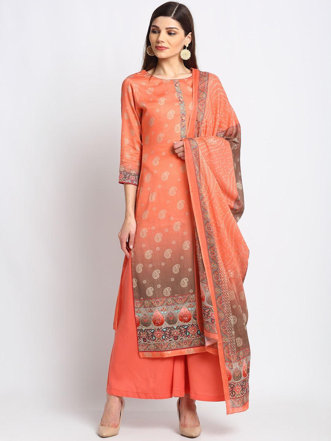 stylee lifestyle peach-coloured & brown cotton blend unstitched dress material