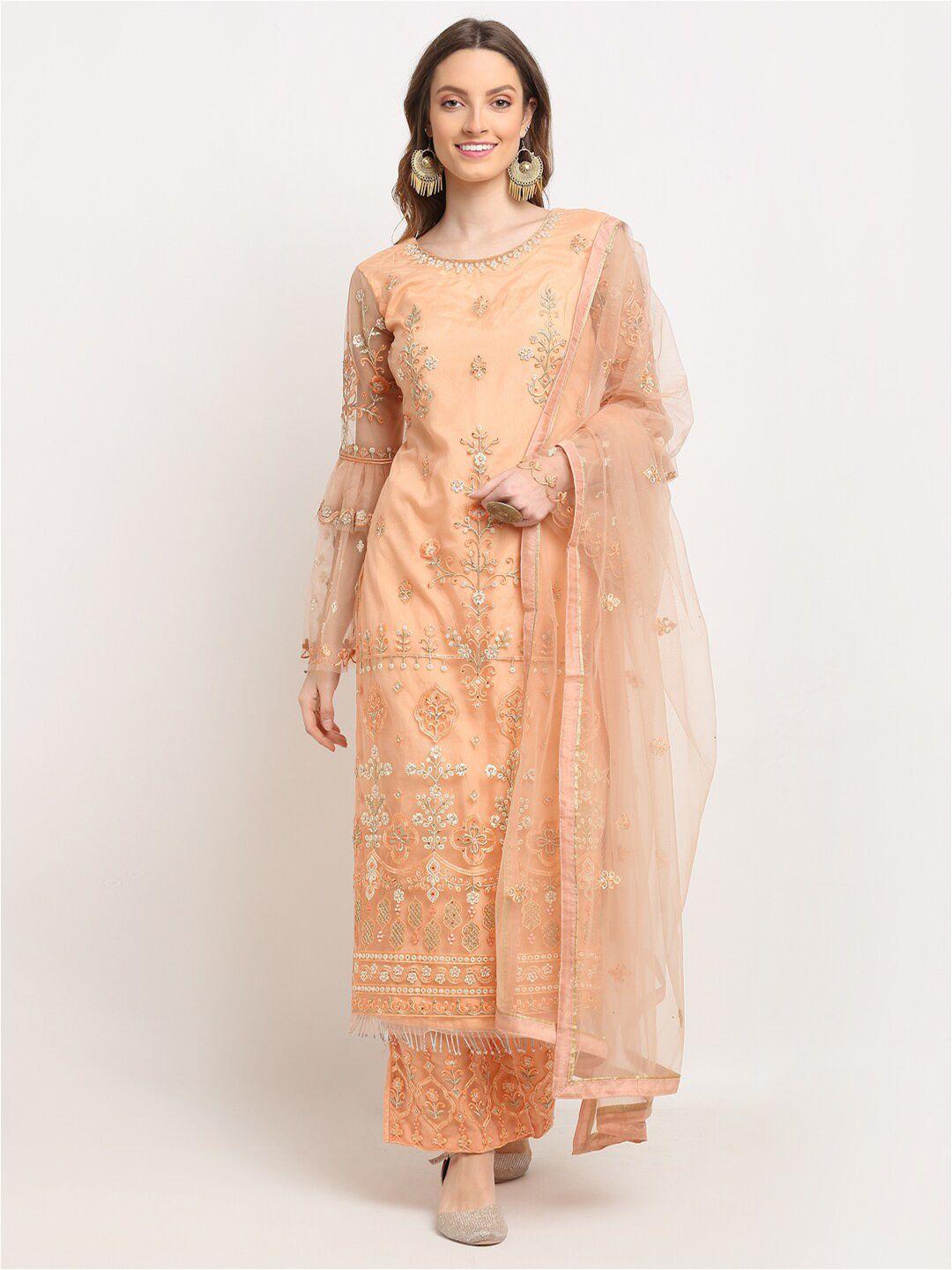 stylee lifestyle peach-coloured & gold-toned embellished unstitched dress material