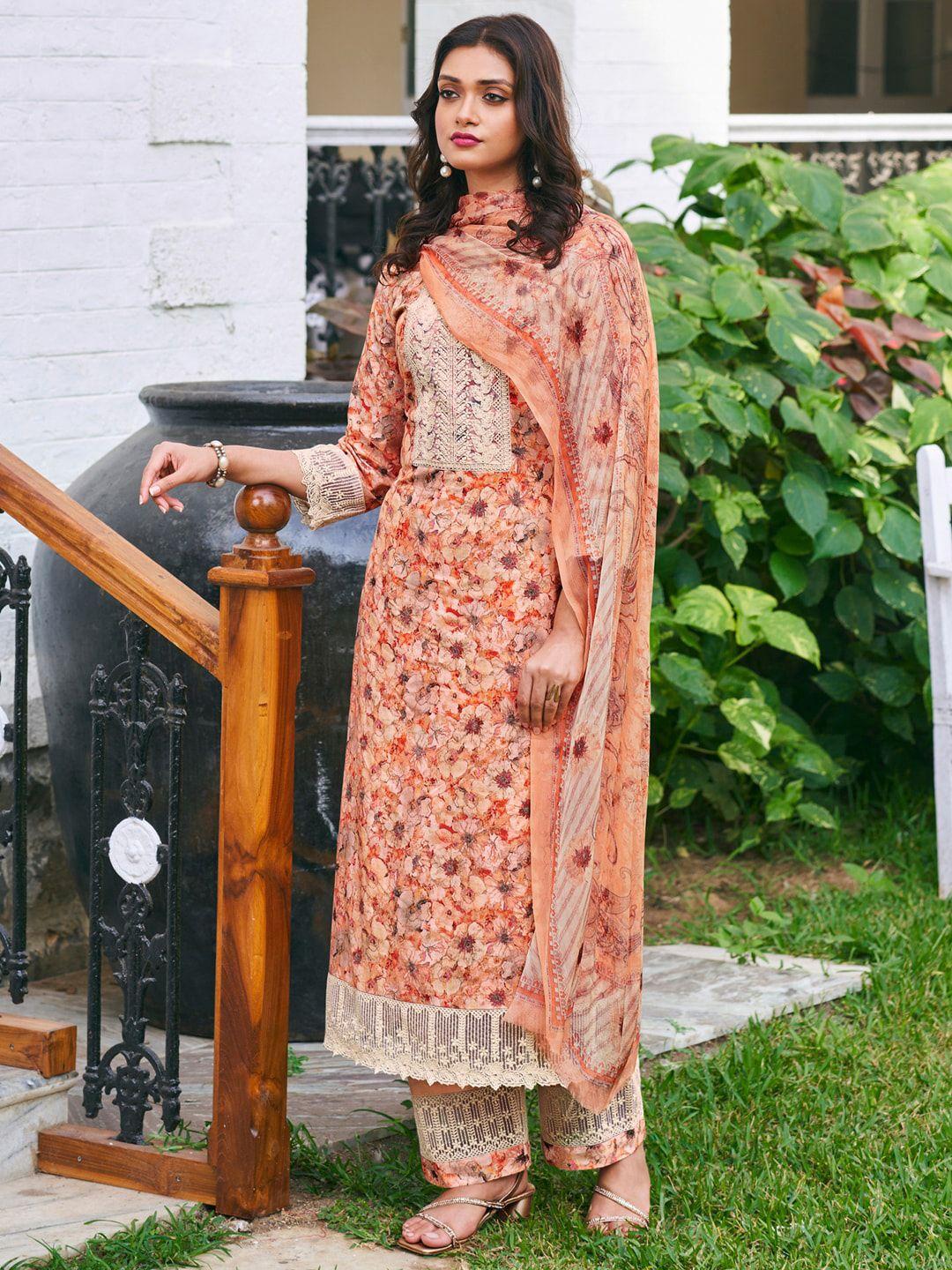 stylee lifestyle peach-coloured & red printed pure cotton unstitched dress material