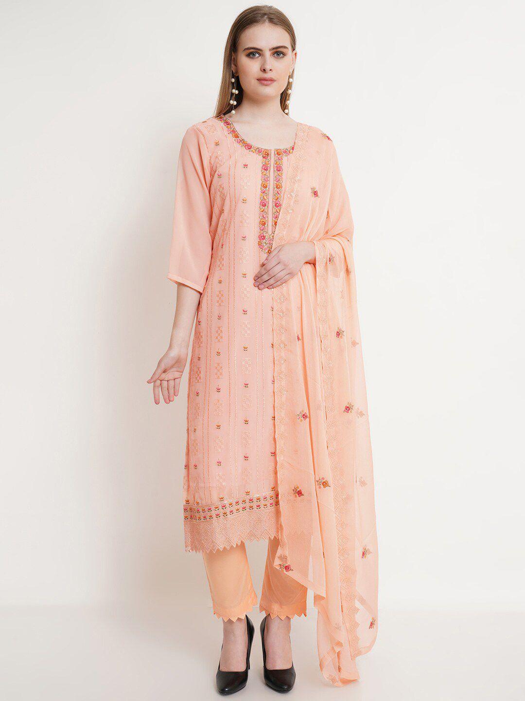 stylee lifestyle peach-coloured & red printed unstitched dress material